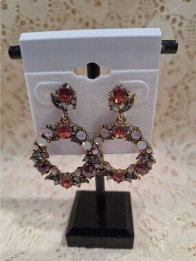 EUC LOFT Floral Wreath Statement Earrings - Burgundy & Clear Rhinestone Drops